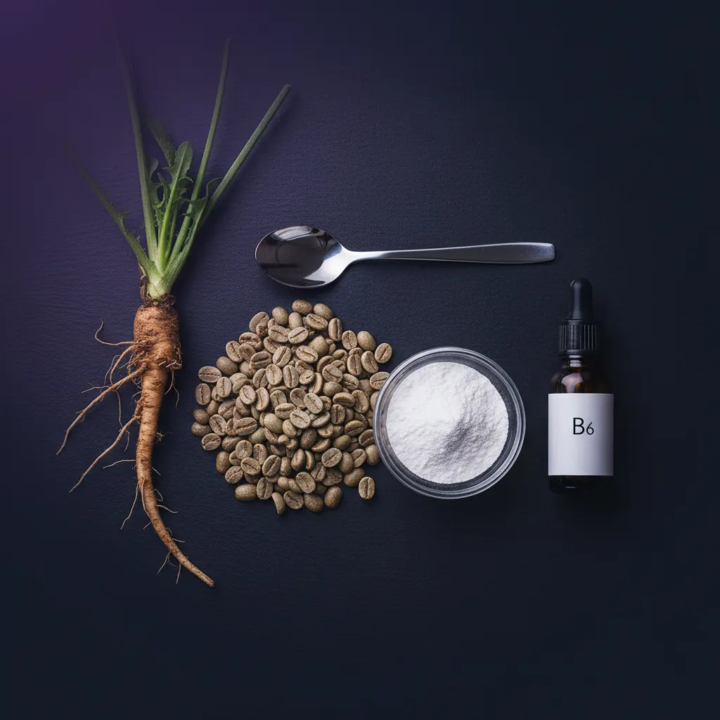 Chrom Vitamin B6 Supplement Zutaten - Kaffeebohnen, L-Carnitin und Chicorée-Inulin in Flatlay-Ansicht