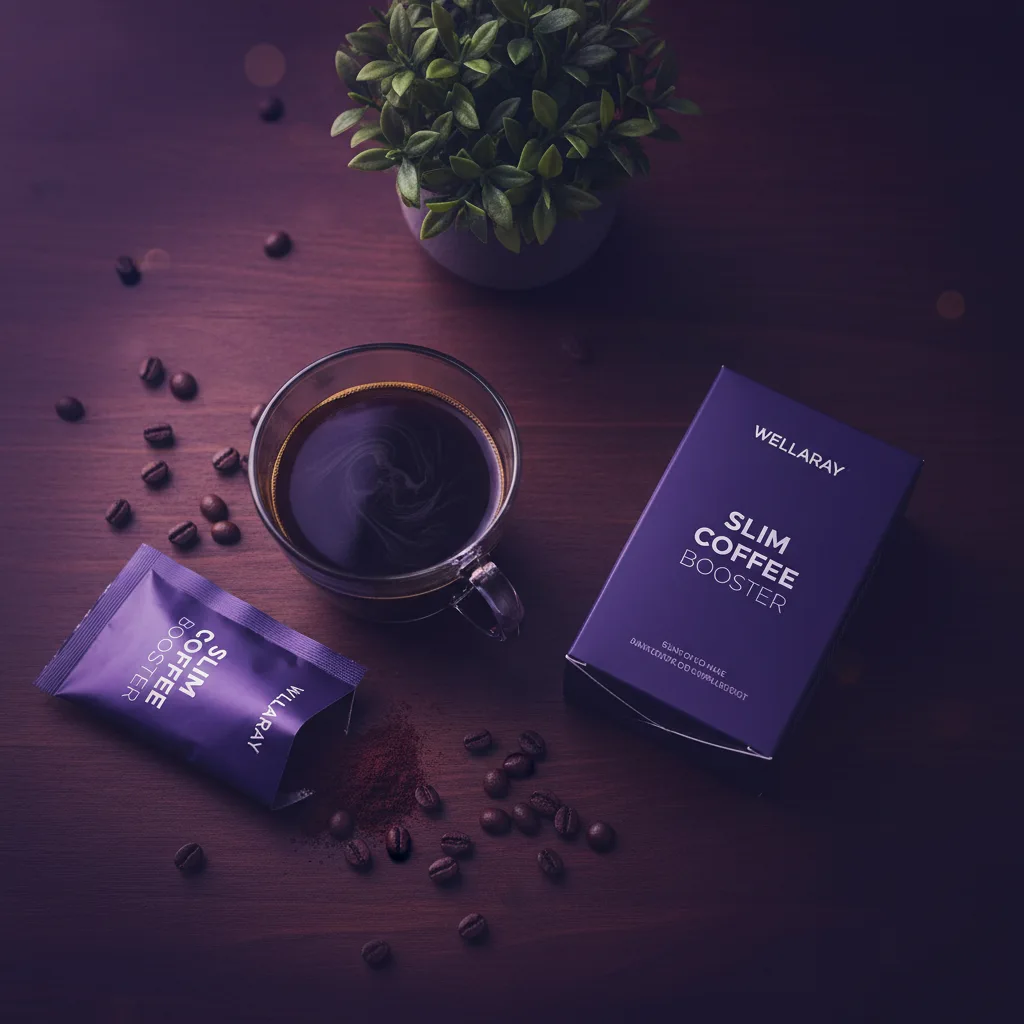 Wellaray Coffee Sachet Flatlay mit Kaffeemug auf dunklem Holz - Nahrungsergänzungsmittel Kaffee Sachets Deutschland